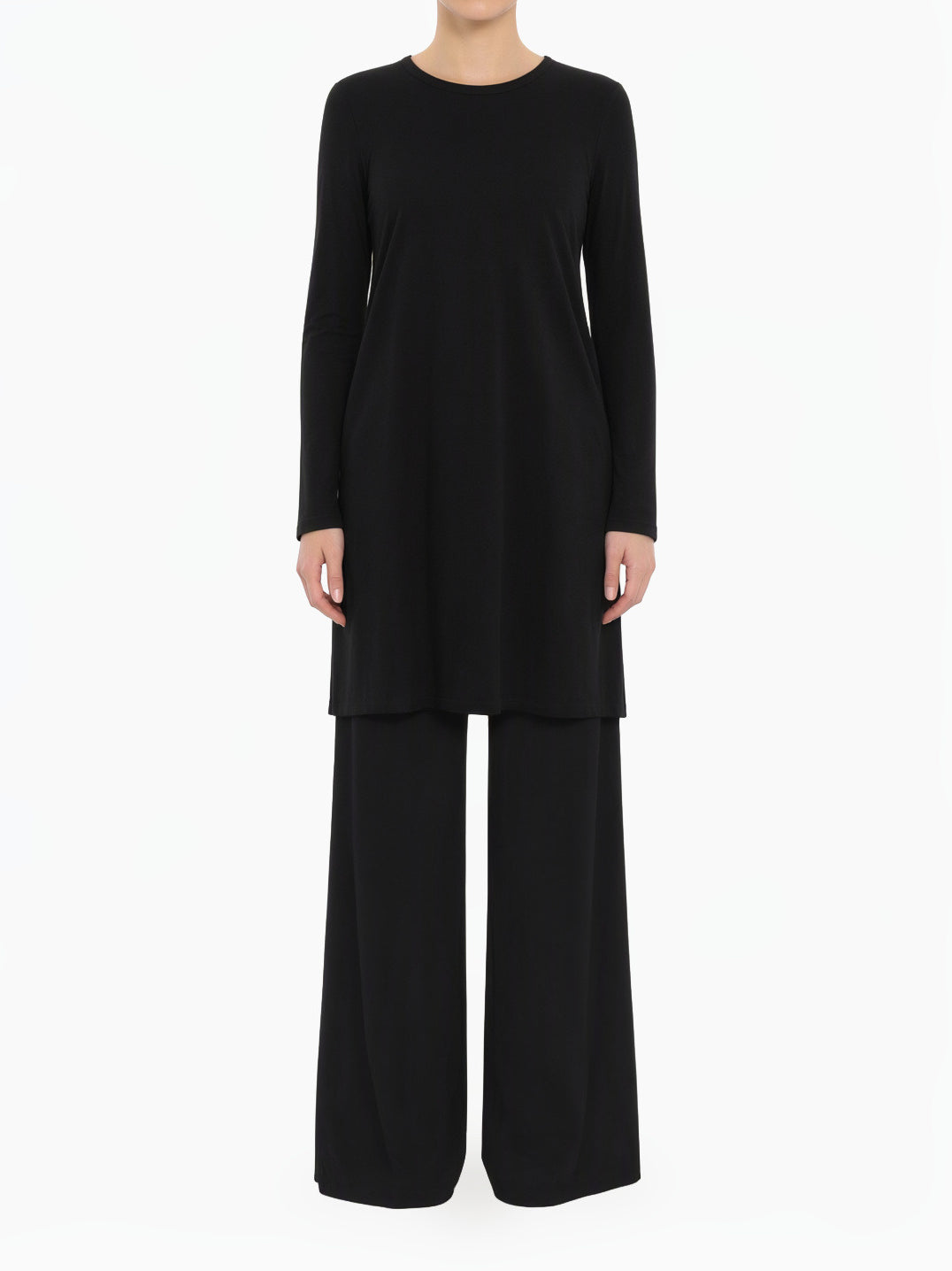Black Basic Modest Long Sleeve Cotton Midi Top