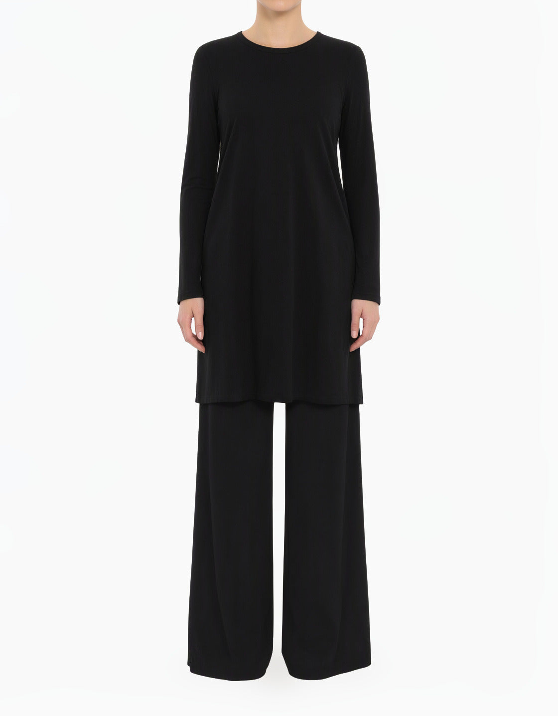 Black Basic Modest Long Sleeve Cotton Midi Top