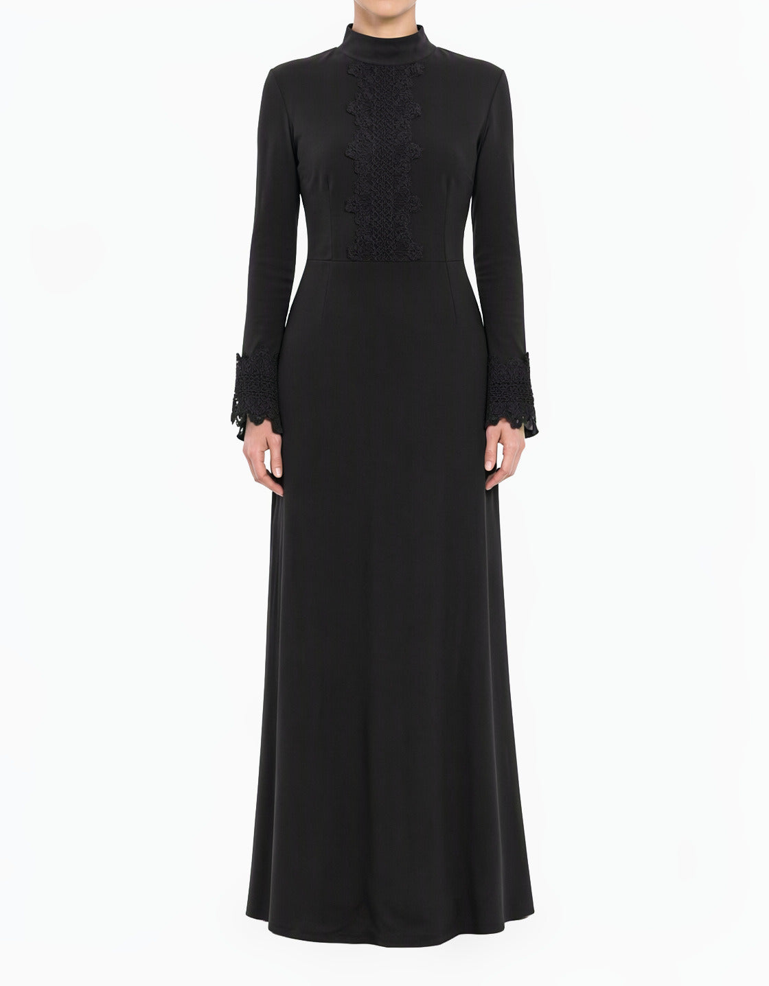 Black Lace Floral Bell Sleeve Modest Dress