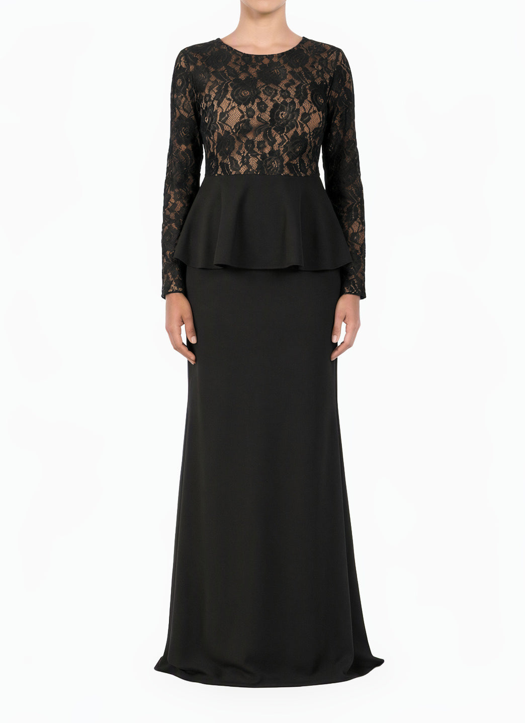 Black lace-top peplum modest dress