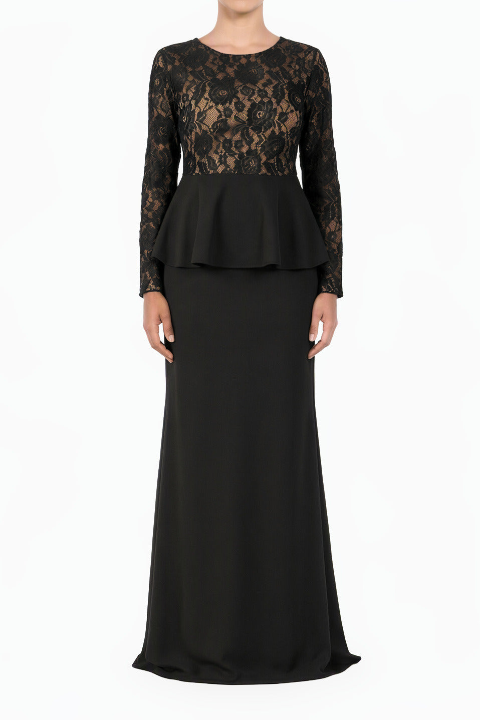 Black lace-top peplum modest dress