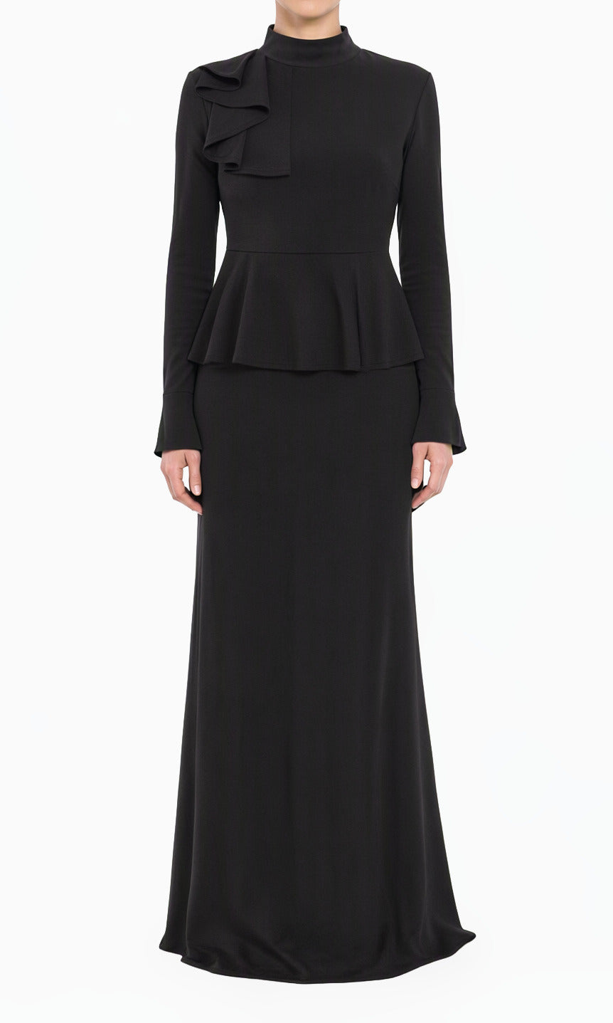 Black Mock Neck Peplum Modest Dress