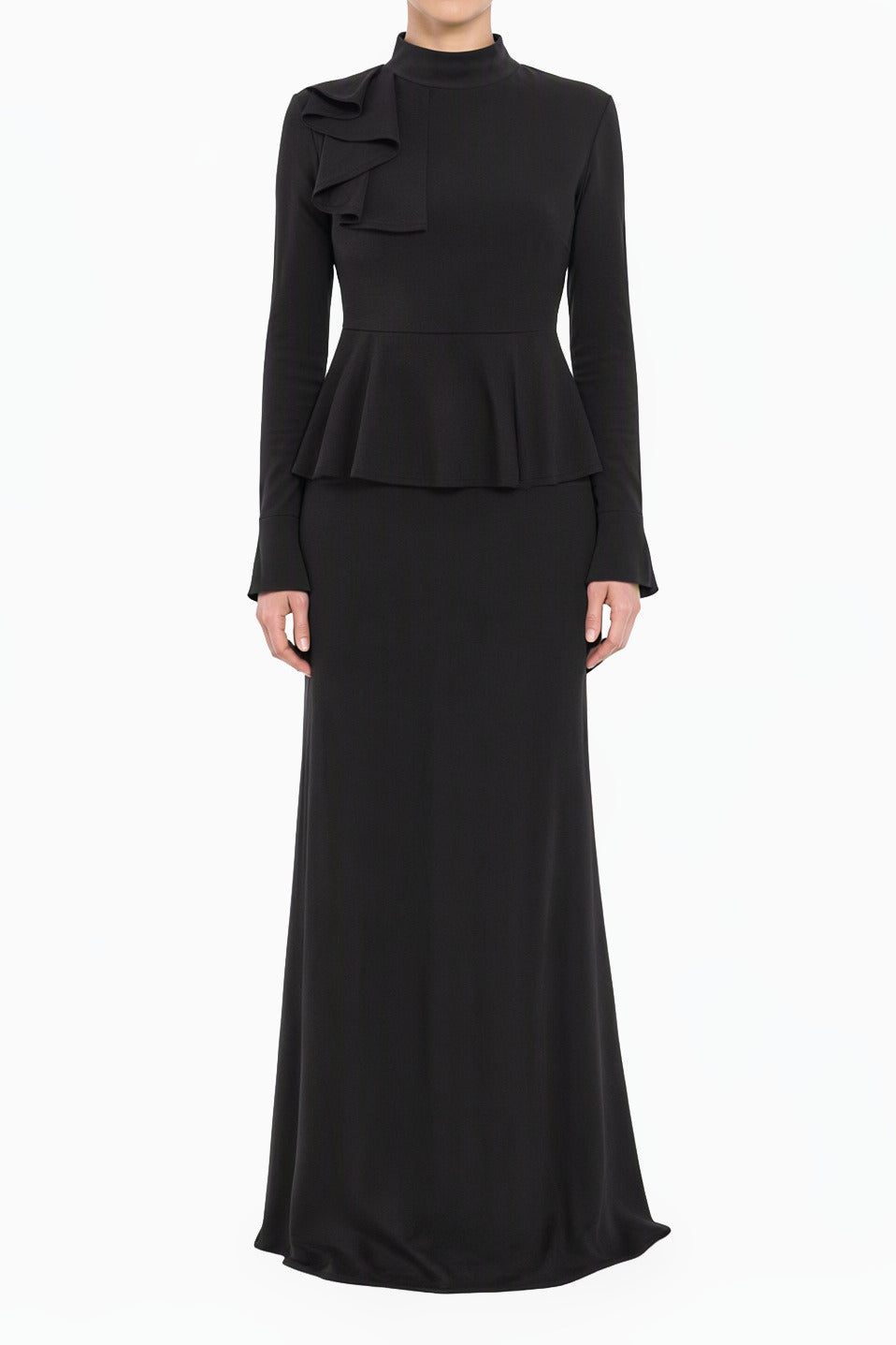 Black Mock Neck Peplum Modest Dress