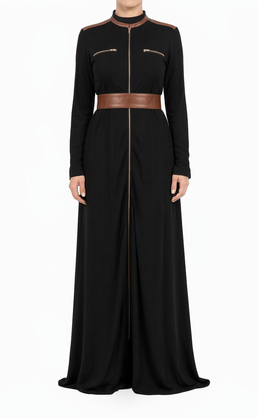 Black Nadia Leather Detail Modest Maxi Dress
