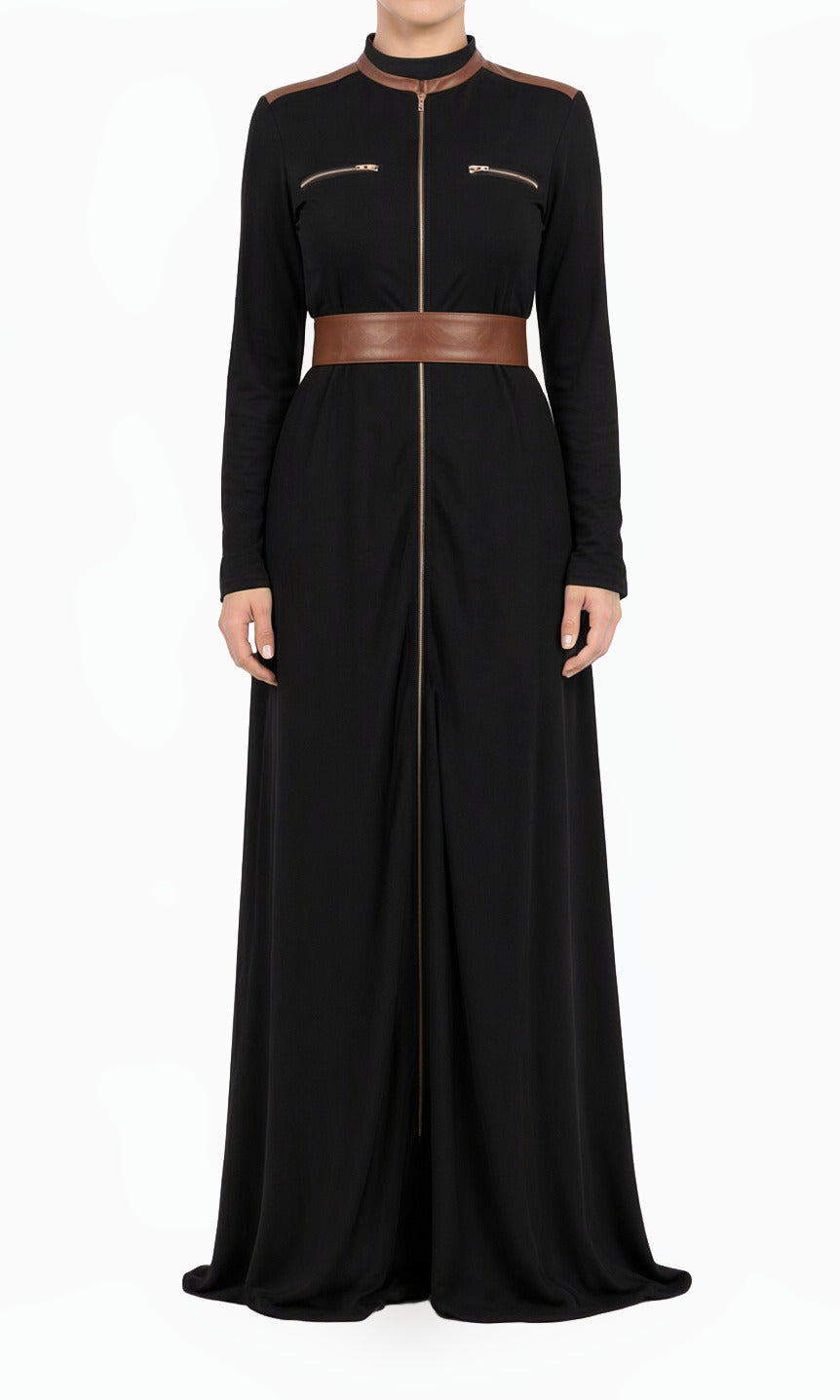 Black Nadia Leather Detail Modest Maxi Dress