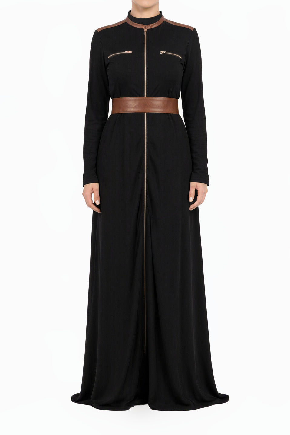 Black Nadia Leather Detail Modest Maxi Dress