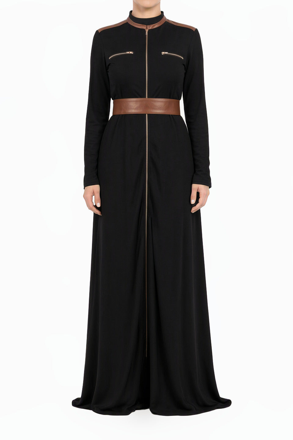 Black Nadia Leather Detail Modest Maxi Dress