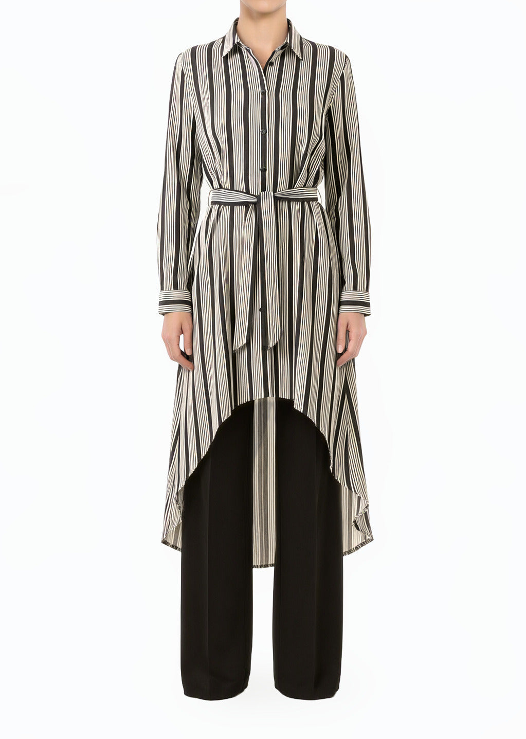 Black Stripe linen Button Down Hi-Low Top