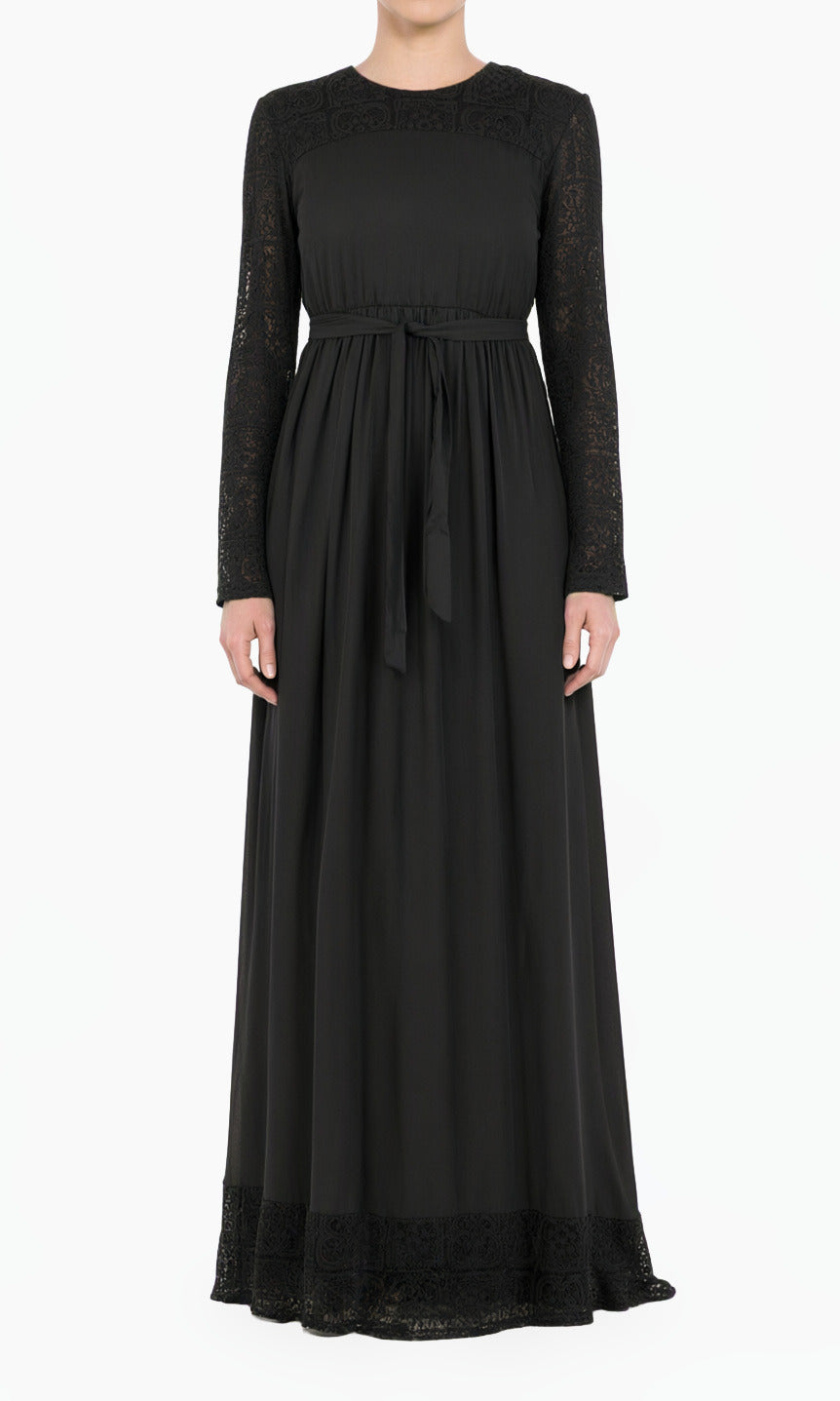 Black Vibrant Lace Detailed Chiffon Modest Dress
