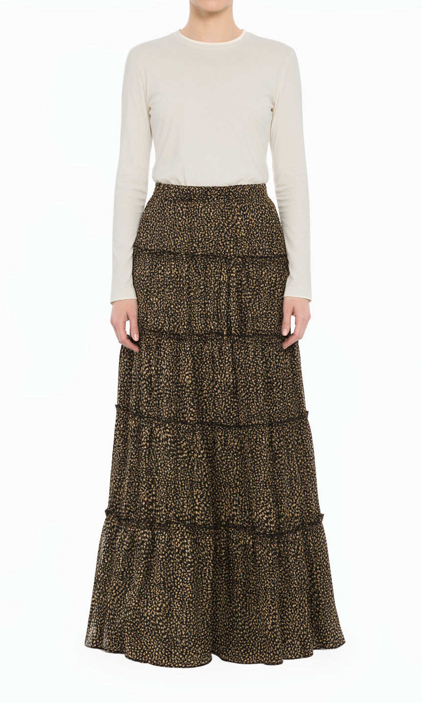 Black Wild Cheetah Tiered Modest Maxi Skirt