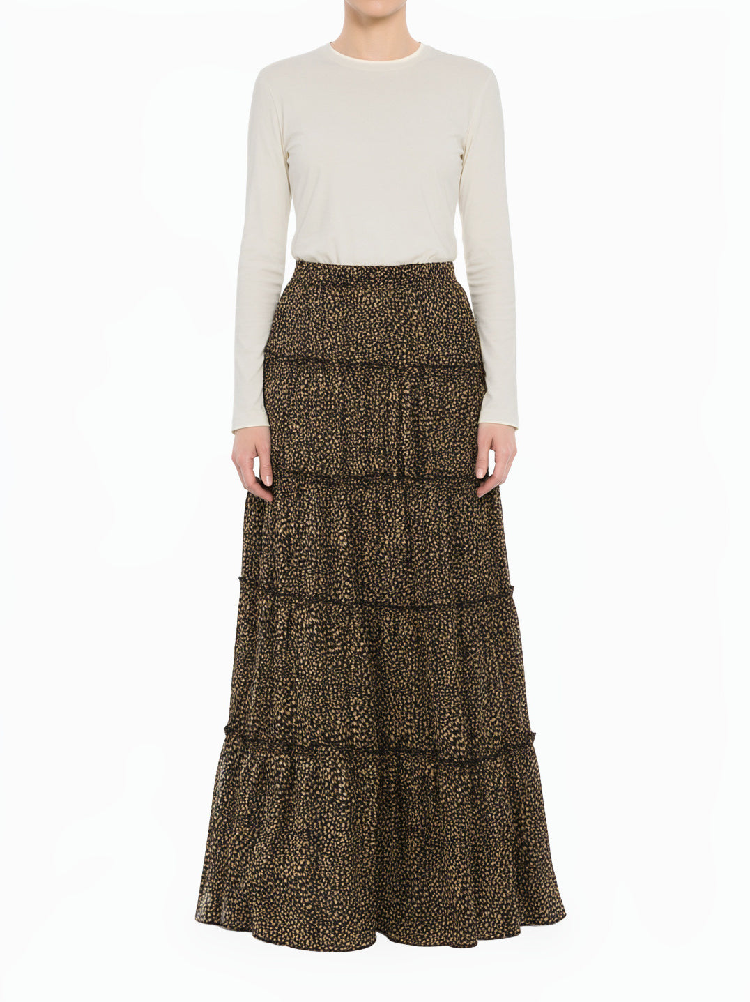 Black Wild Cheetah Tiered Modest Maxi Skirt