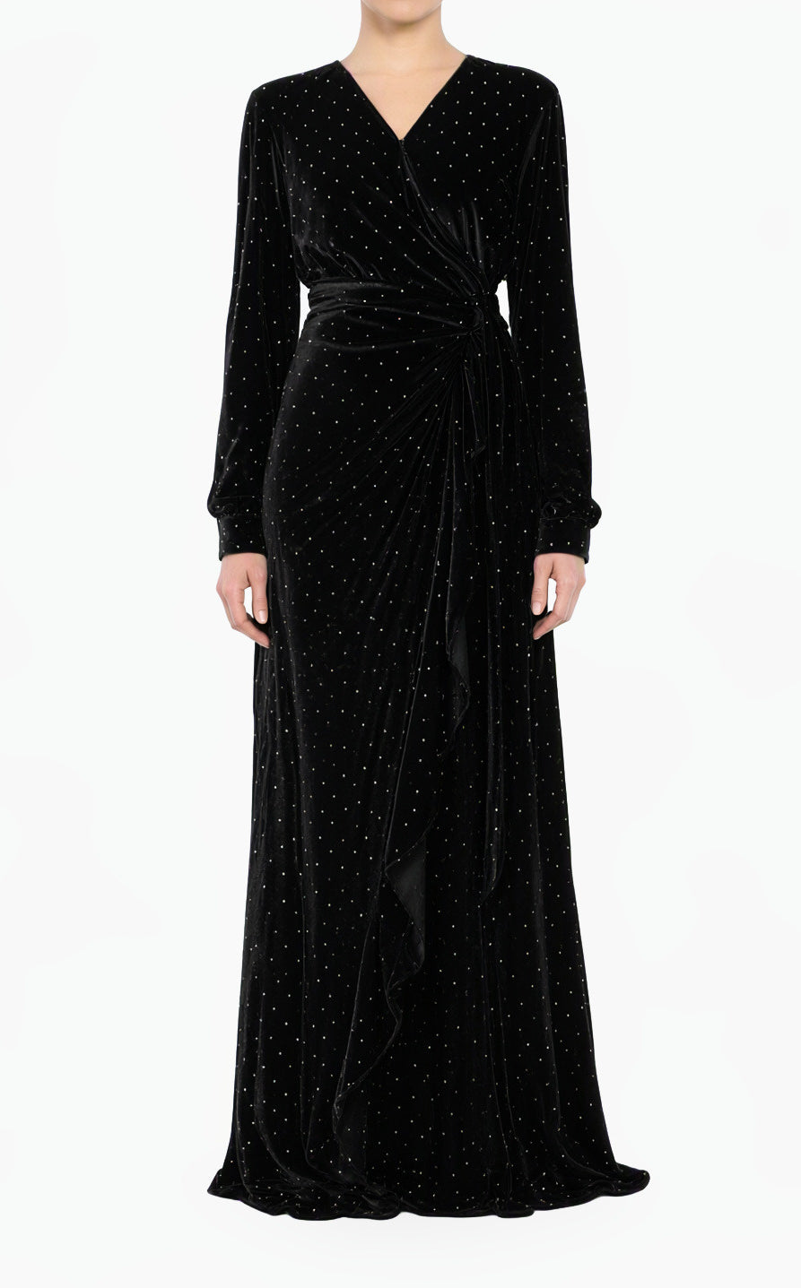 Black wrapped velvet modest maxi dress