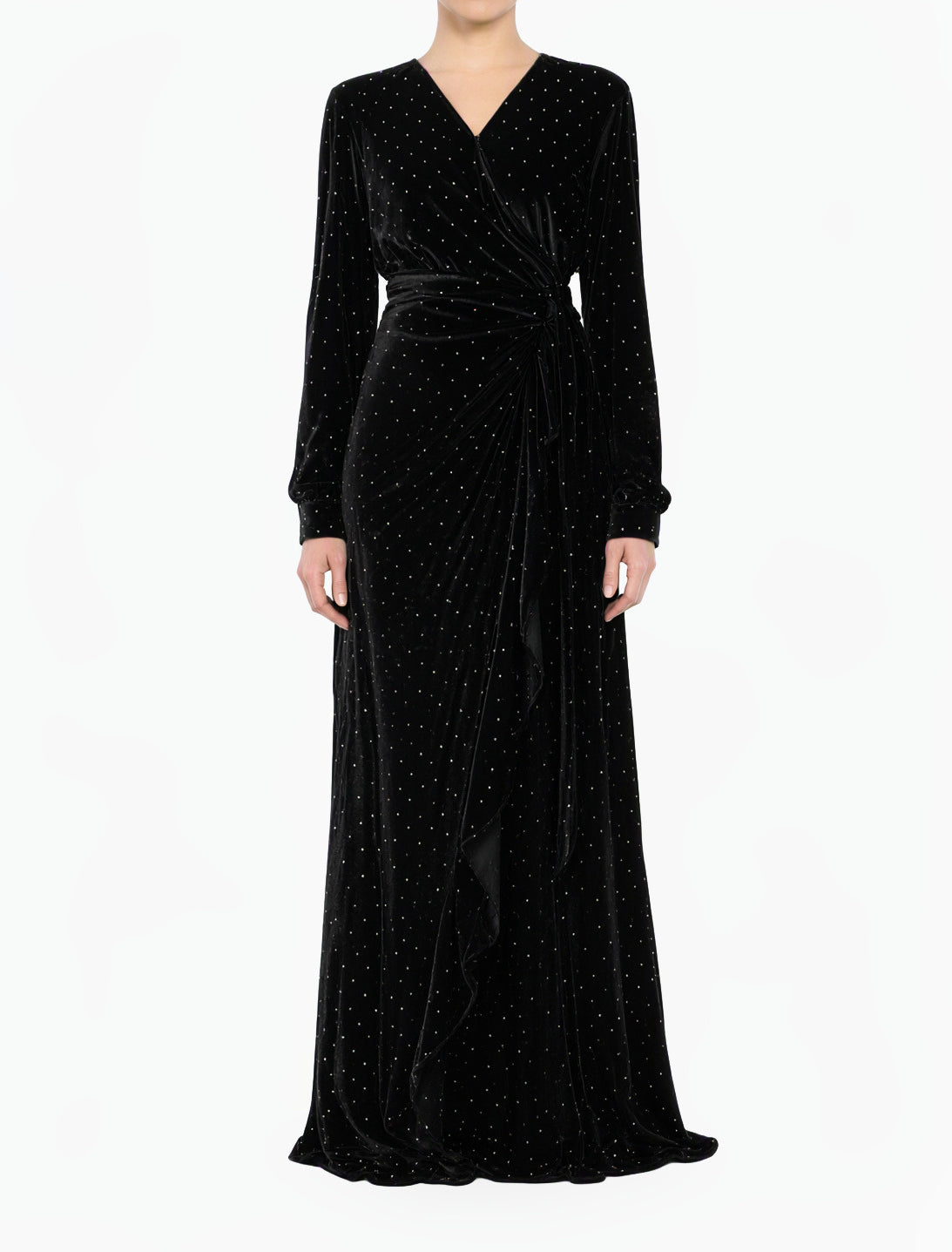 Black wrapped velvet modest maxi dress
