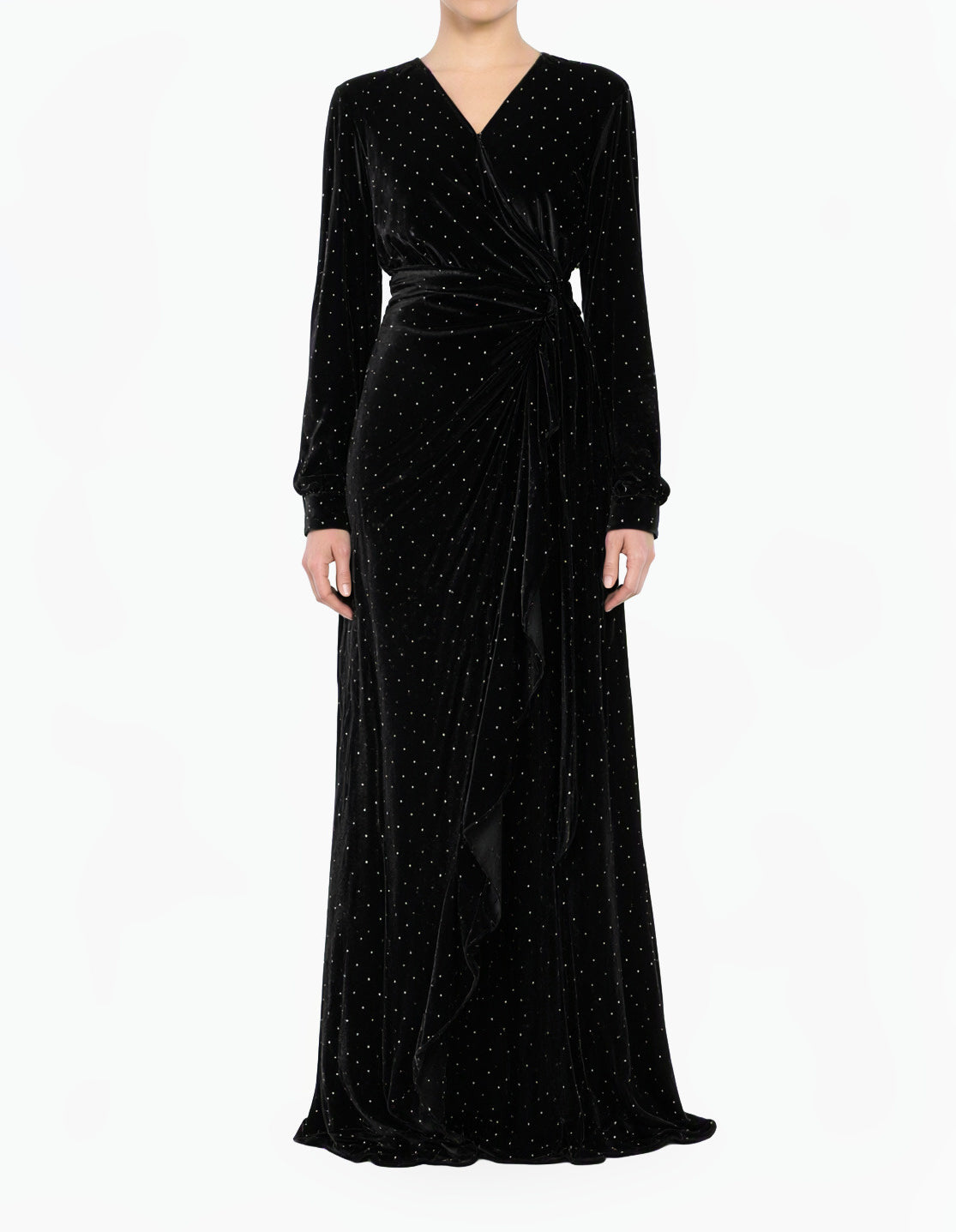 Black wrapped velvet modest maxi dress