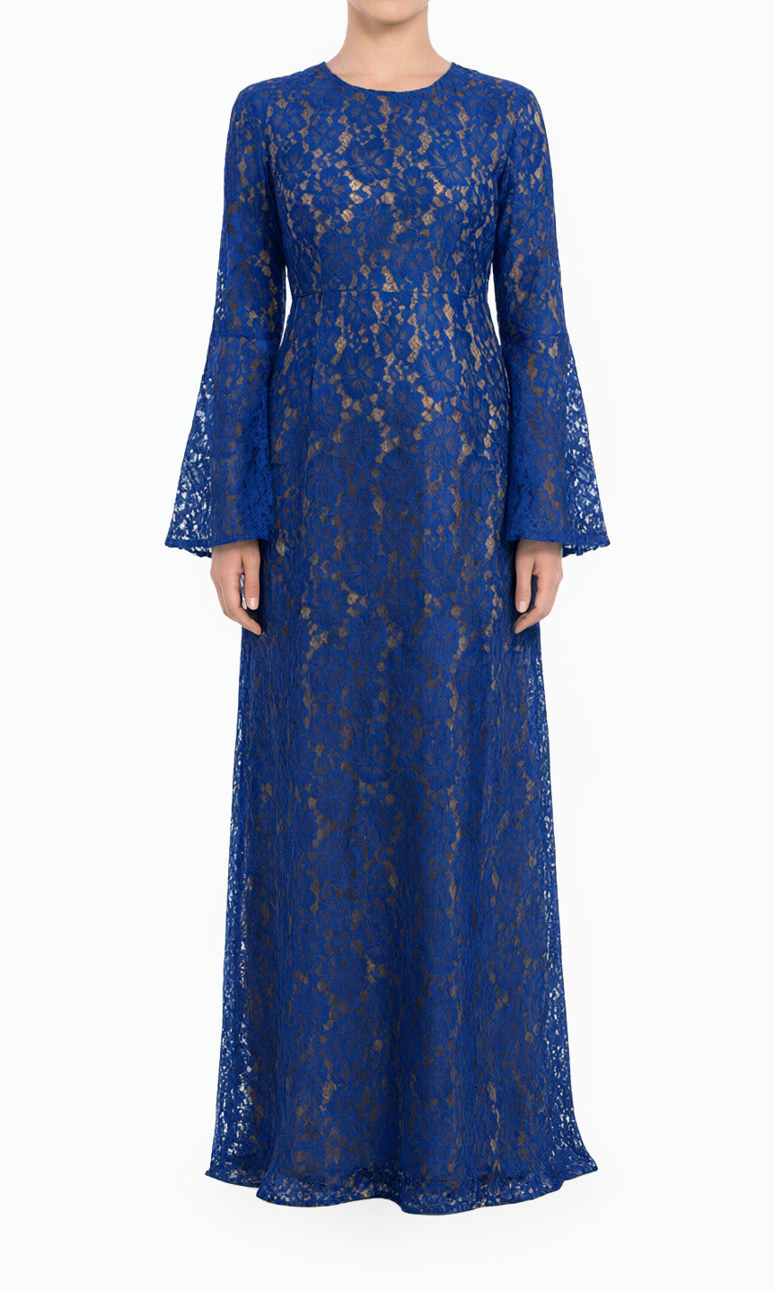 Blue Bella Bell Sleeve Lace Modest Maxi Dress
