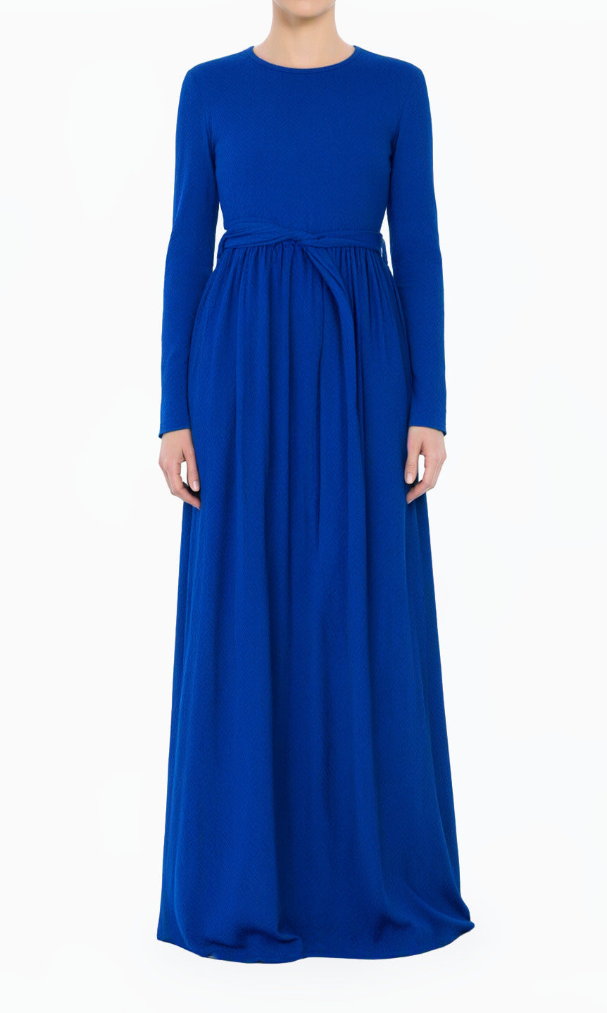 Blue Textured Ponti-Di-Roma Modest Dress