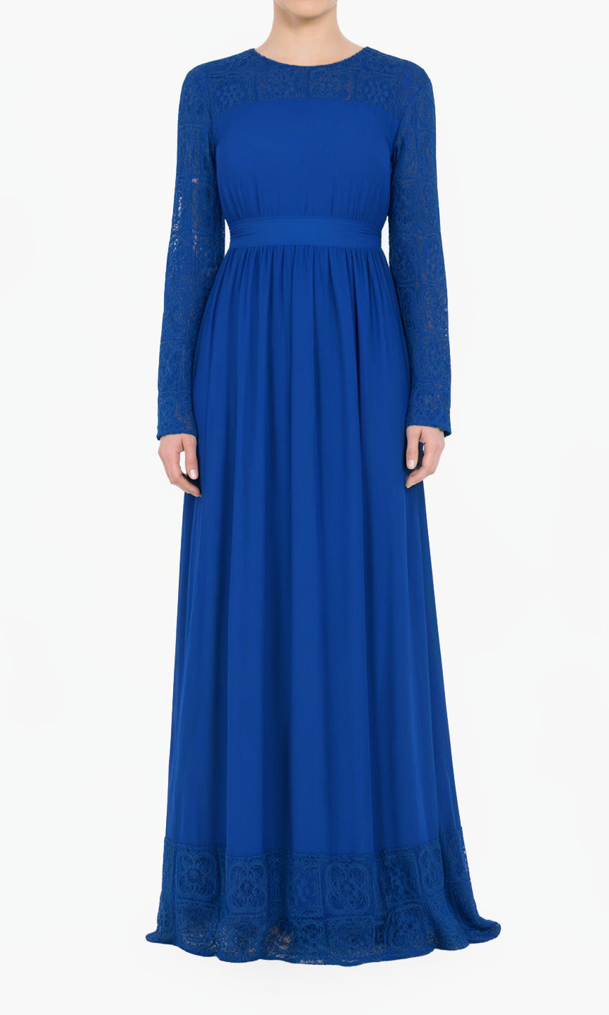 Blue Vibrant Lace Detailed Chiffon Modest Dress