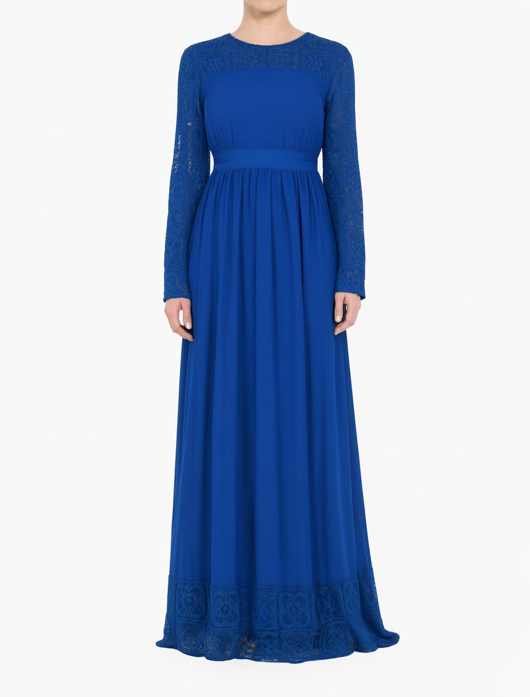 Blue Vibrant Lace Detailed Chiffon Modest Dress
