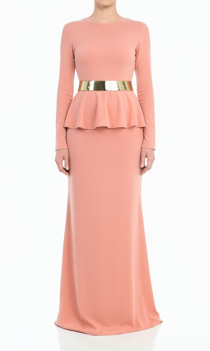 Blush Classic Long Sleeve Peplum Modest Maxi Dress