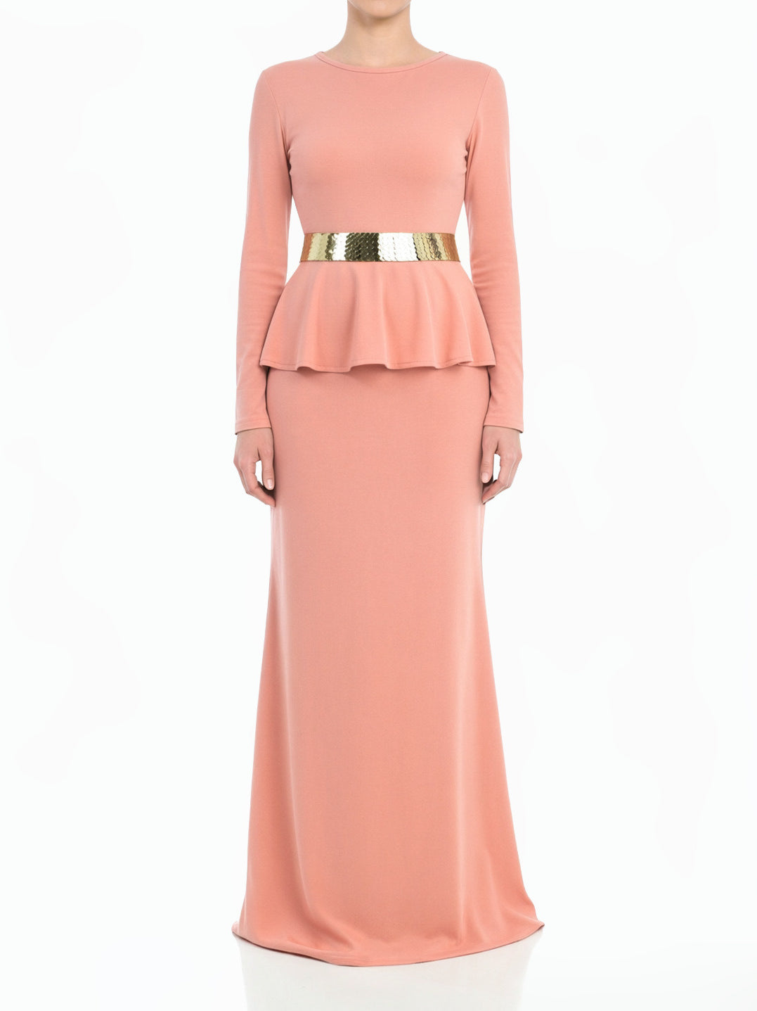 Blush Classic Long Sleeve Peplum Modest Maxi Dress
