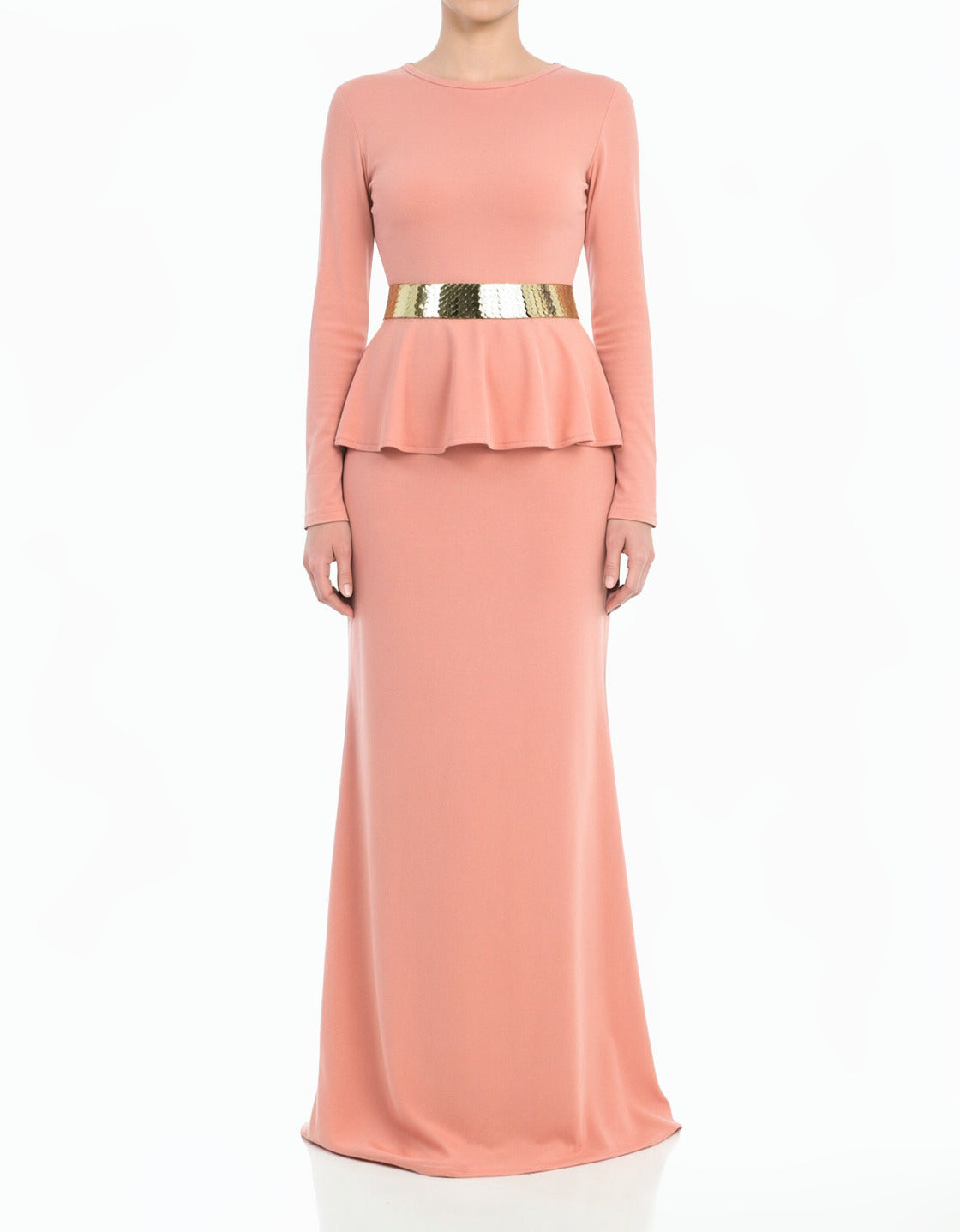 Blush Classic Long Sleeve Peplum Modest Maxi Dress