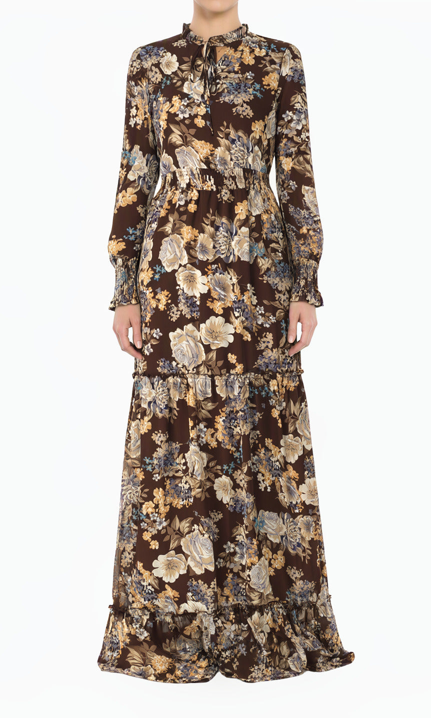 Brown floral smocked long sleeve maxi modest dress
