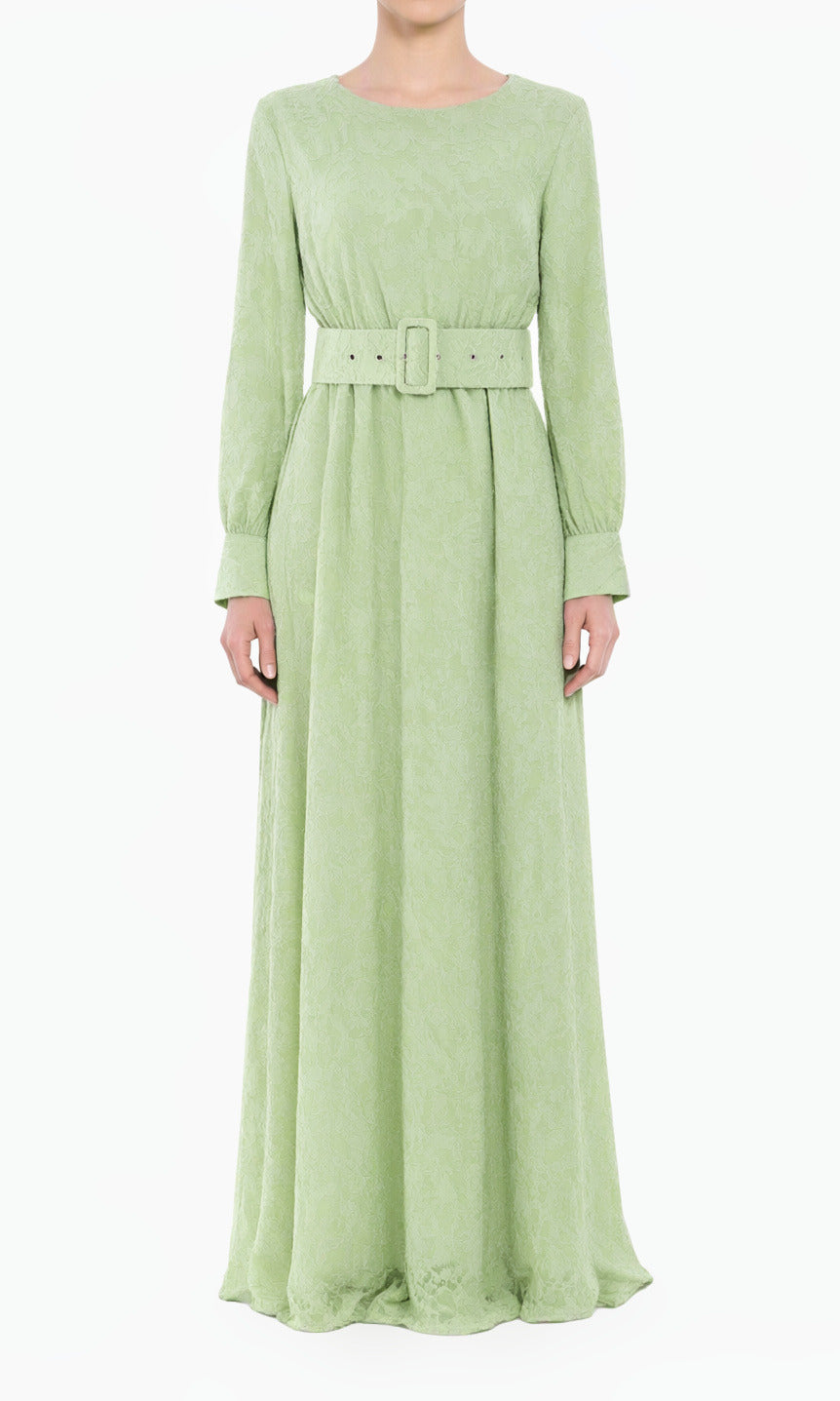 Sage Burnout Floral Modest Maxi Dress with Belt