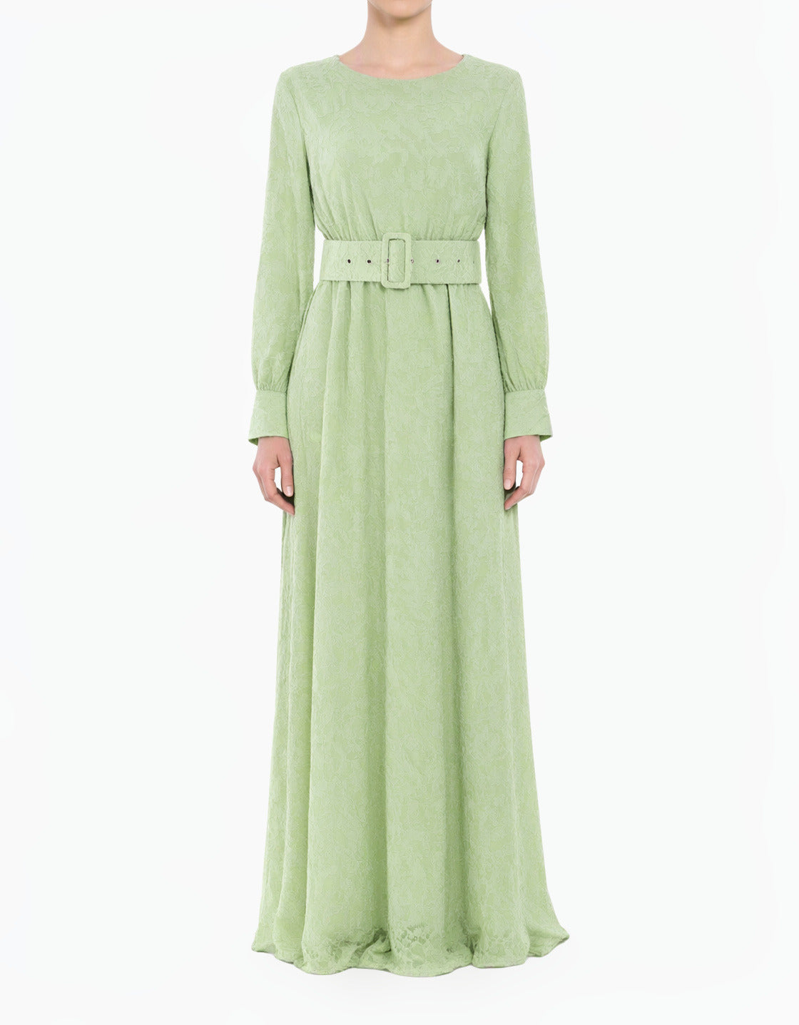 Sage Burnout Floral Modest Maxi Dress with Belt