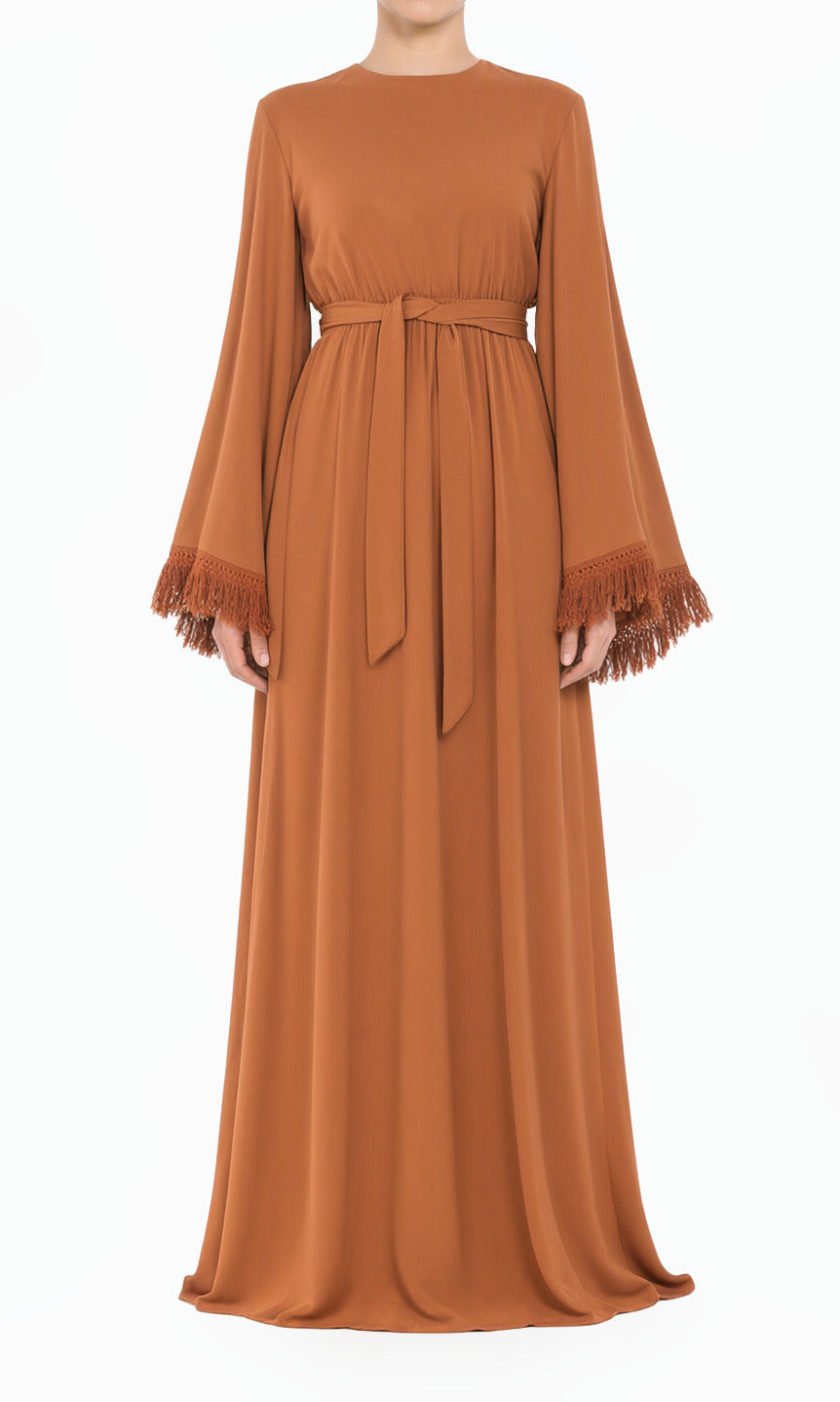 Caramel Modest maxi dress Be captivated in tassel