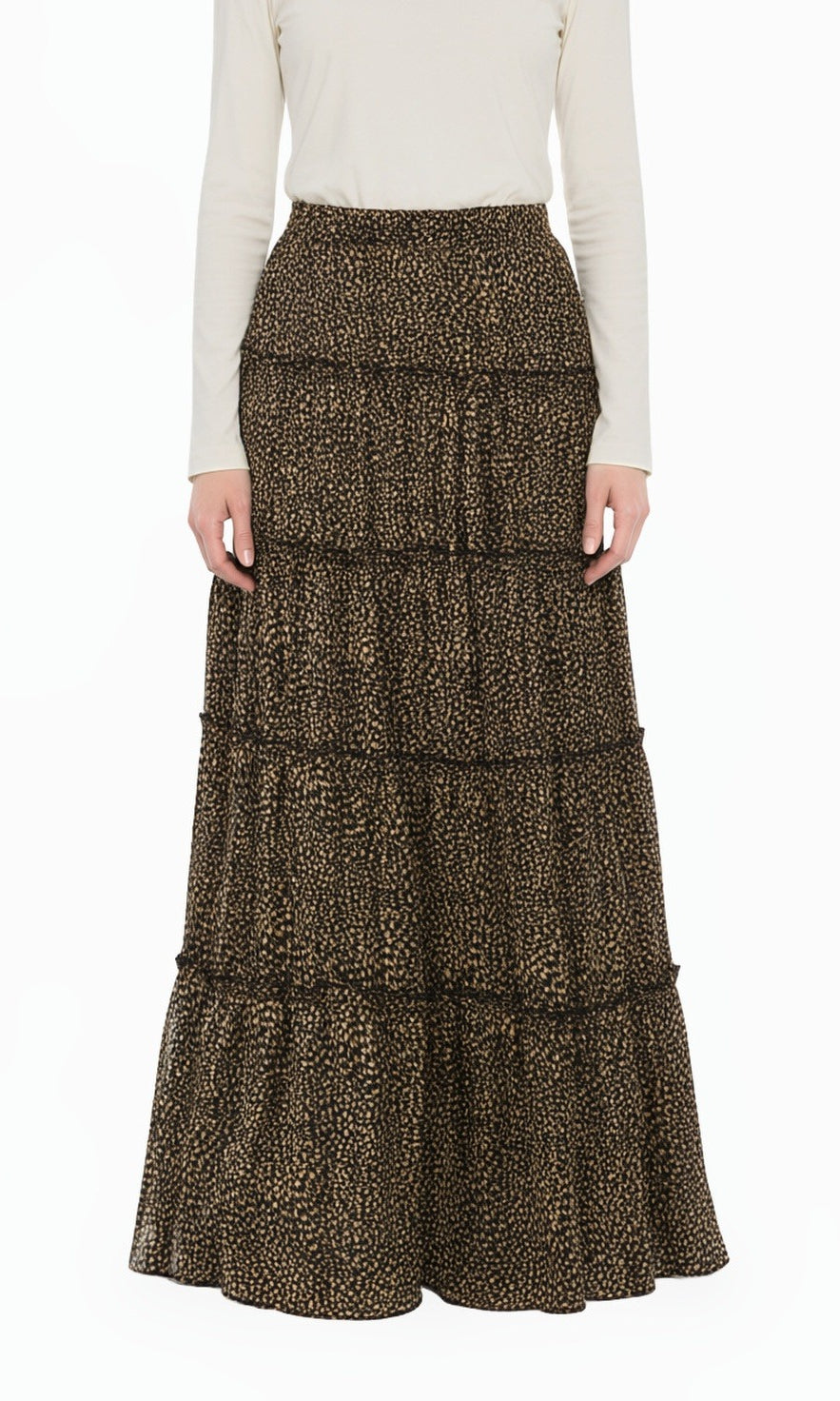 Black Wild Cheetah Tiered Modest Maxi Skirt
