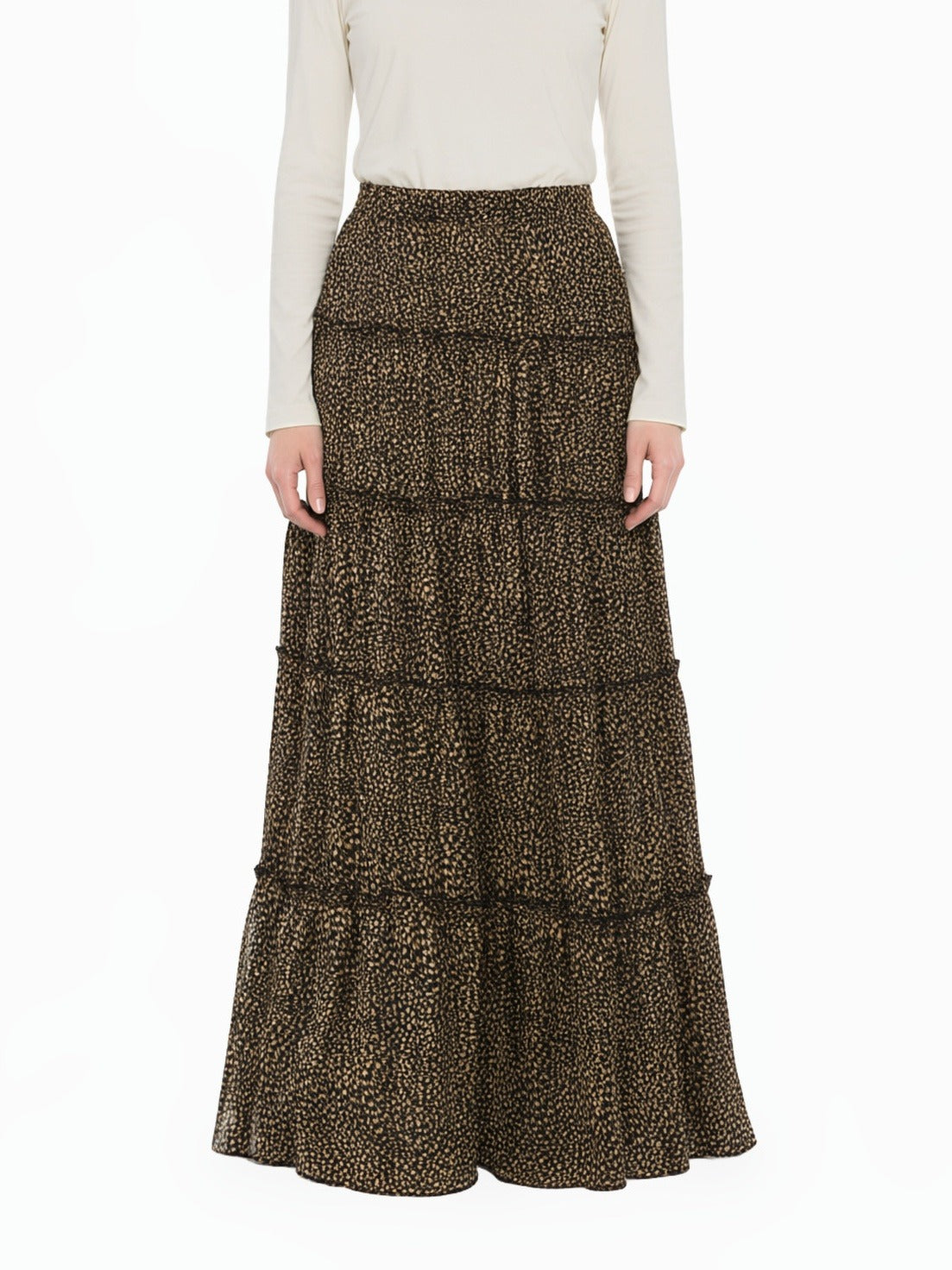 Black Wild Cheetah Tiered Modest Maxi Skirt
