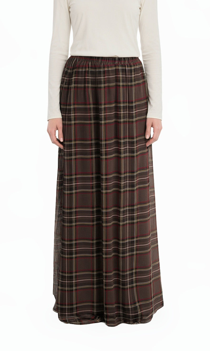 Chocolate Waffle Plaid Chiffon Modest Maxi Skirt