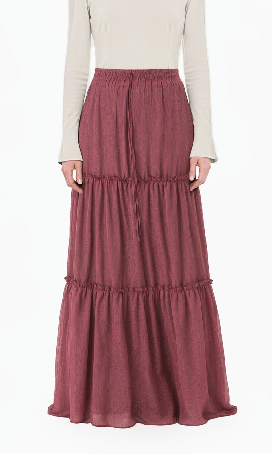 Dusty Rose Shimmer Chiffon Tiered Modest Maxi Skirt