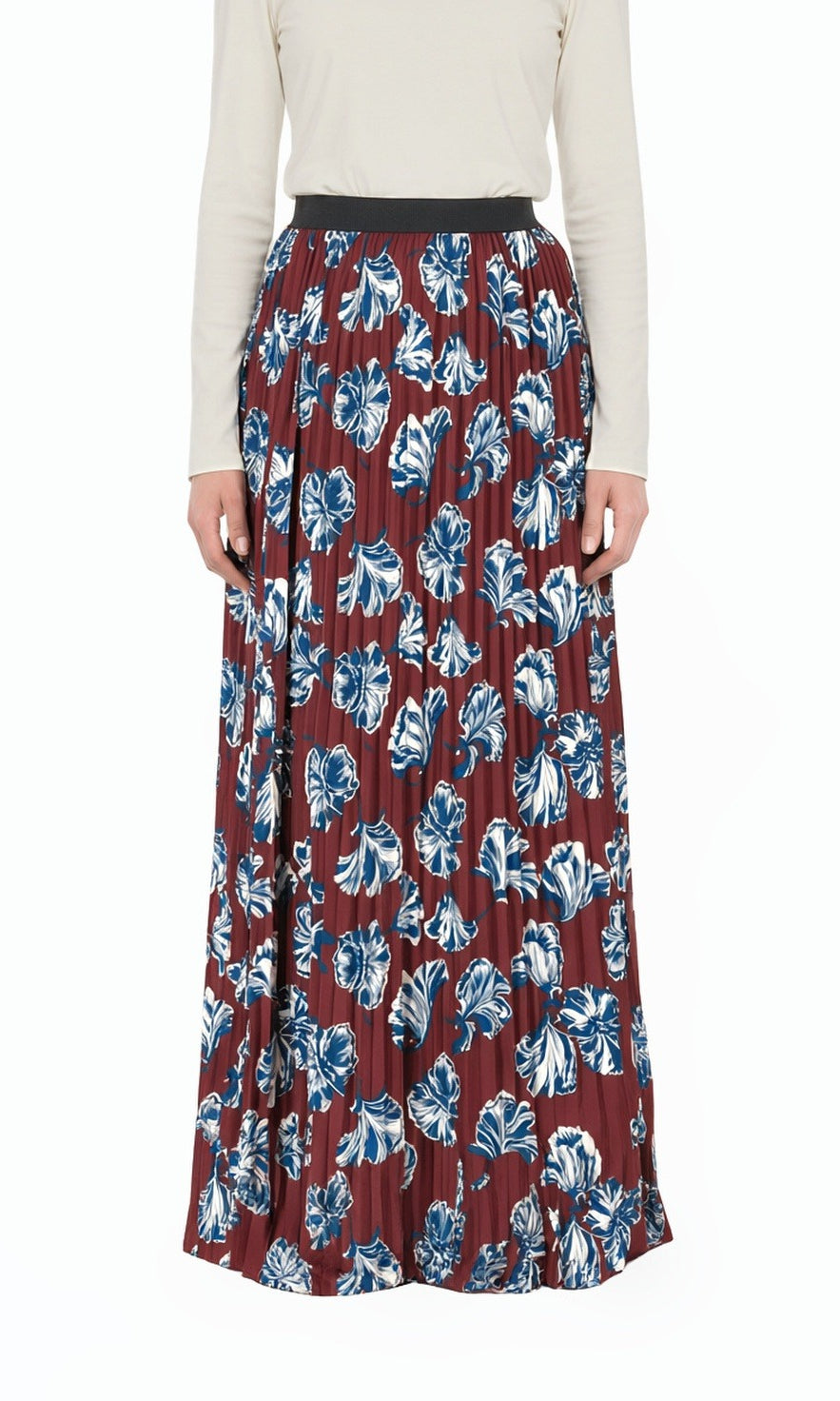 Maroon Floral Pleated Modest Maxi Skirt