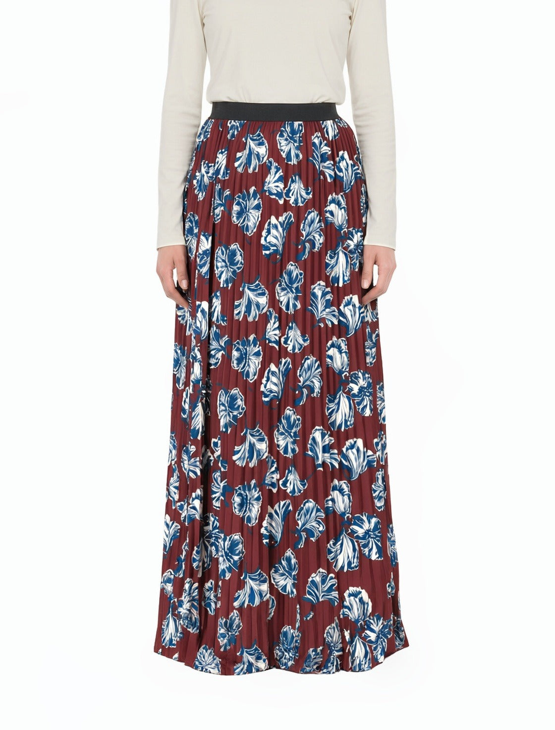 Maroon Floral Pleated Modest Maxi Skirt