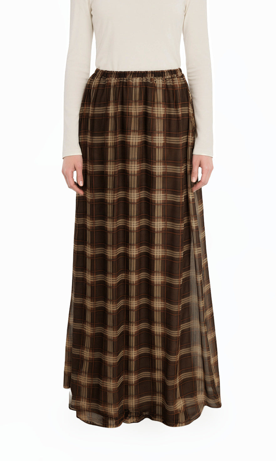 Mocha Waffle Plaid Chiffon Modest Maxi Skirt