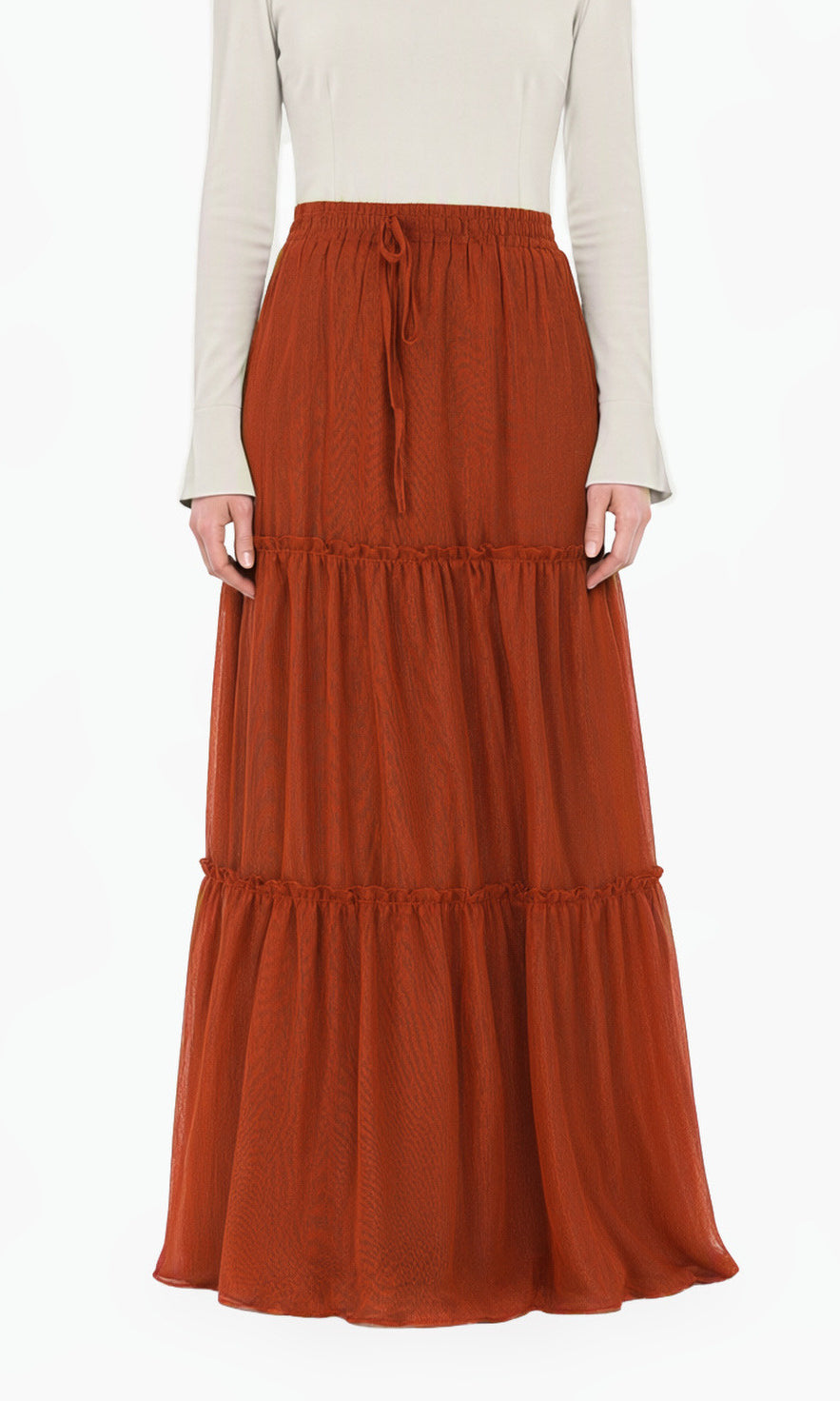 Rust-orange Shimmer Chiffon Tiered Modest Maxi Skirt
