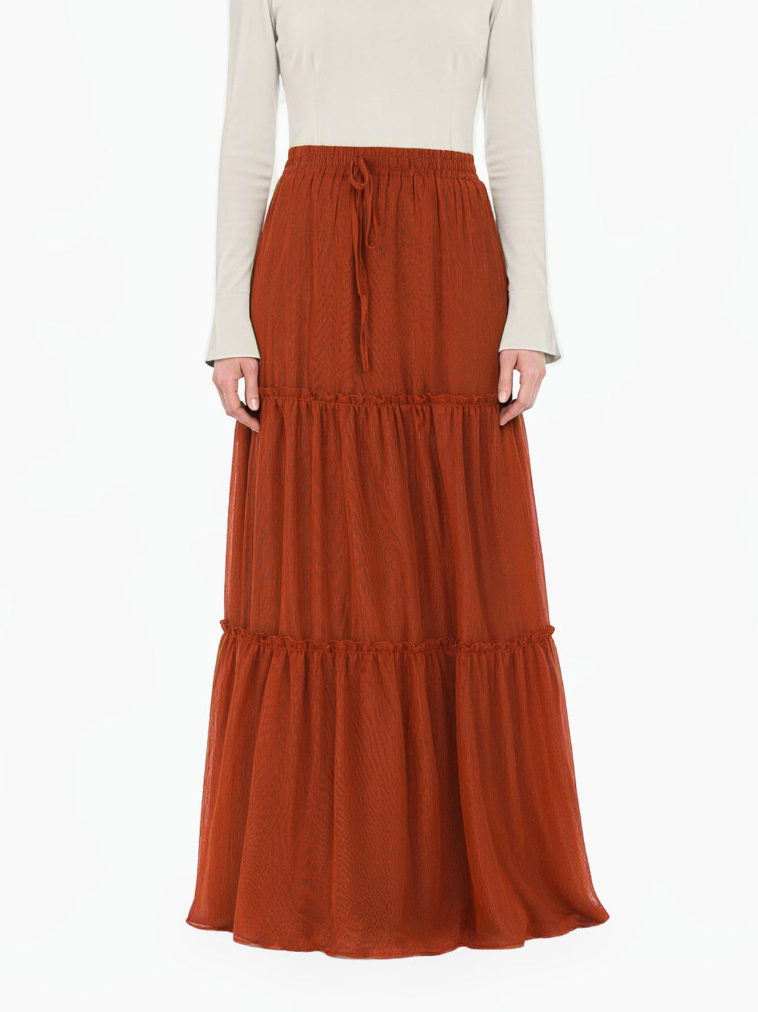 Rust-orange Shimmer Chiffon Tiered Modest Maxi Skirt