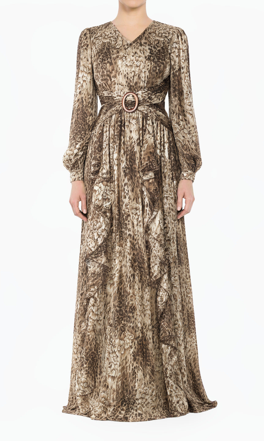 Chestnut Brown Cheetah Floral Modest Maxi Dress