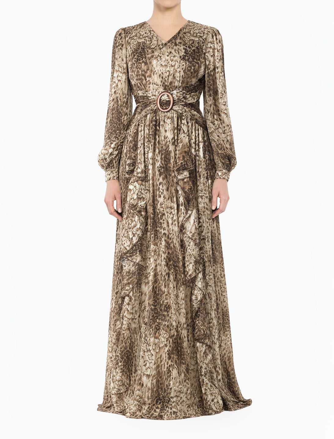 Chestnut Brown Cheetah Floral Modest Maxi Dress