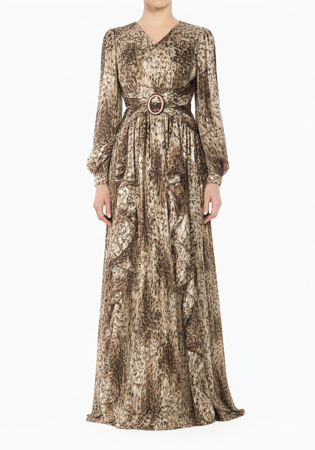 Chestnut Brown Cheetah Floral Modest Maxi Dress