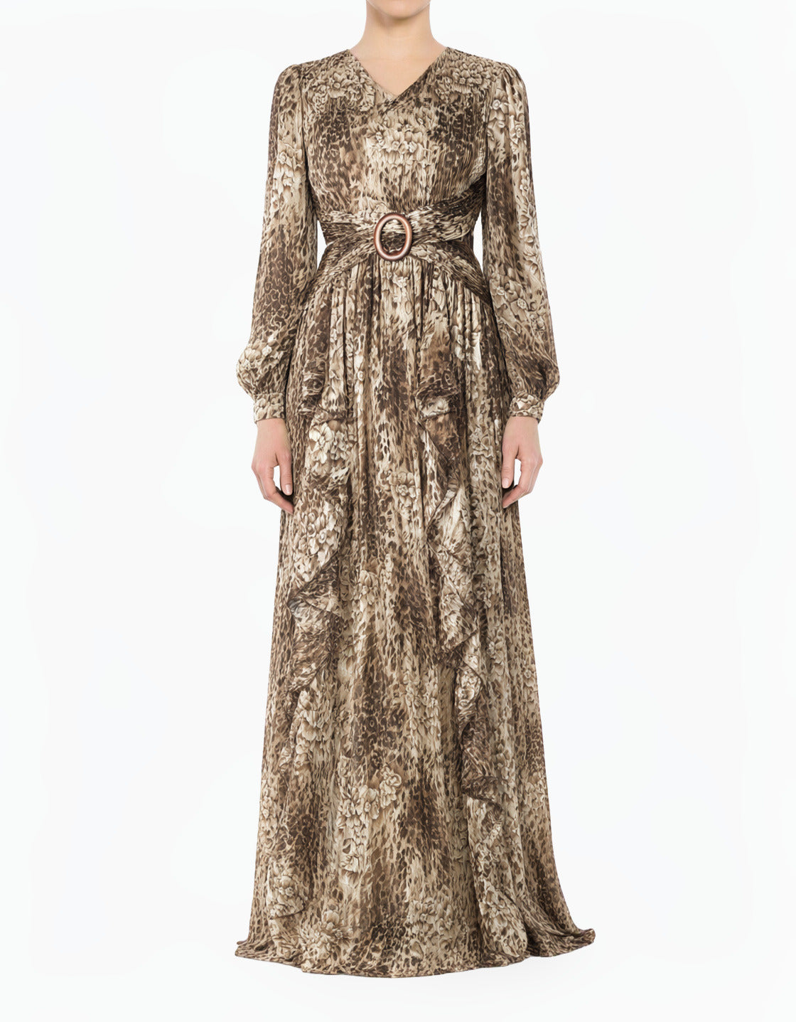 Chestnut Brown Cheetah Floral Modest Maxi Dress