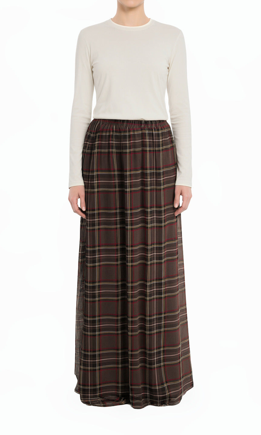 Chocolate Waffle Plaid Chiffon Modest Maxi Skirt