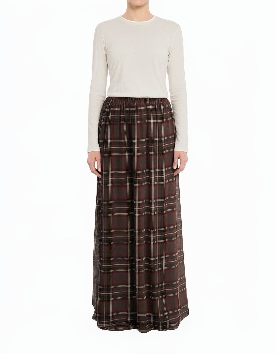 Chocolate Waffle Plaid Chiffon Modest Maxi Skirt