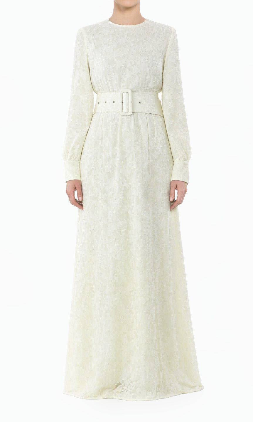 Cream Burnout Floral Modest Maxi Dress with Belt