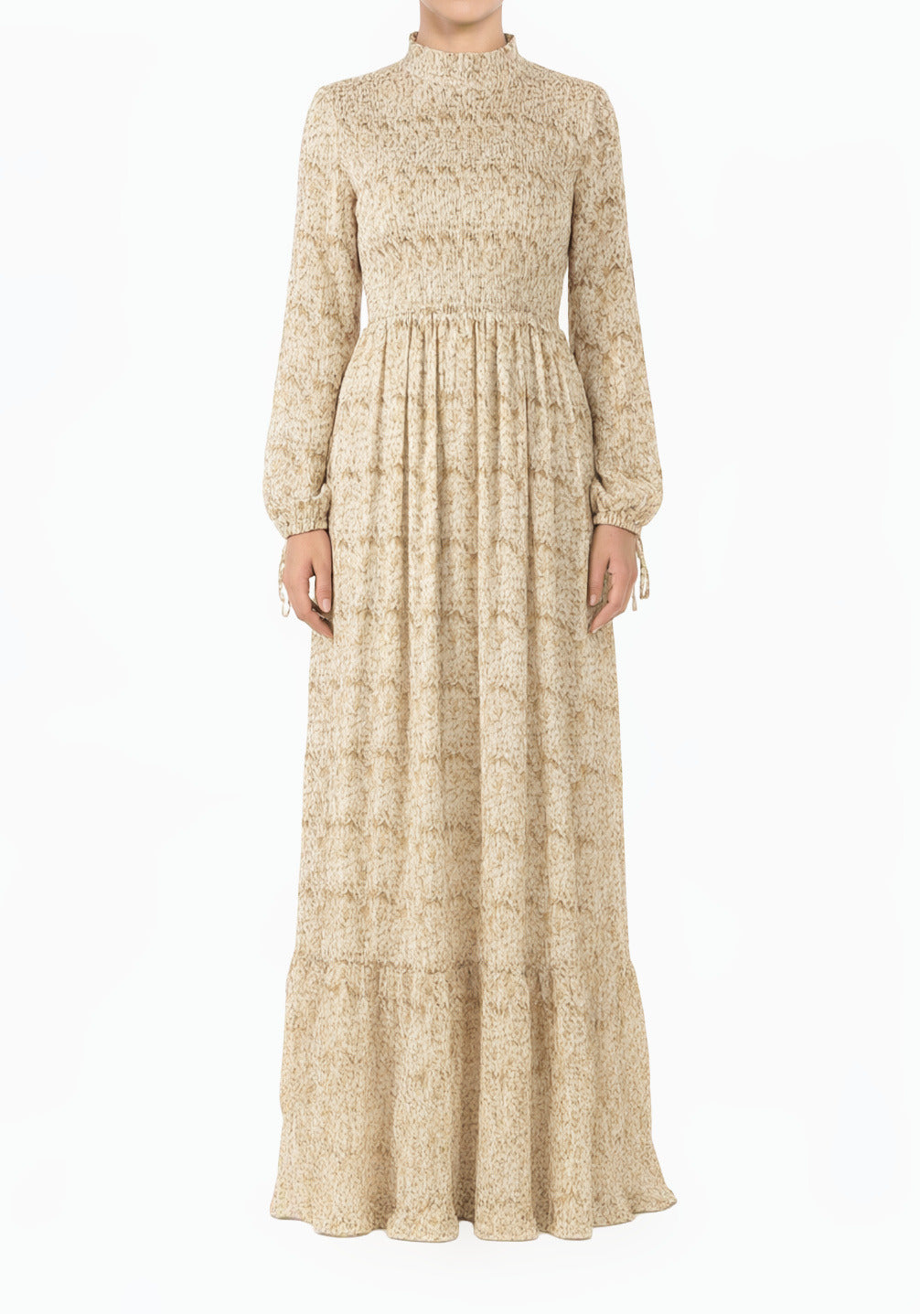 cream Jasmine petals Print Mock Neck Maxi dress