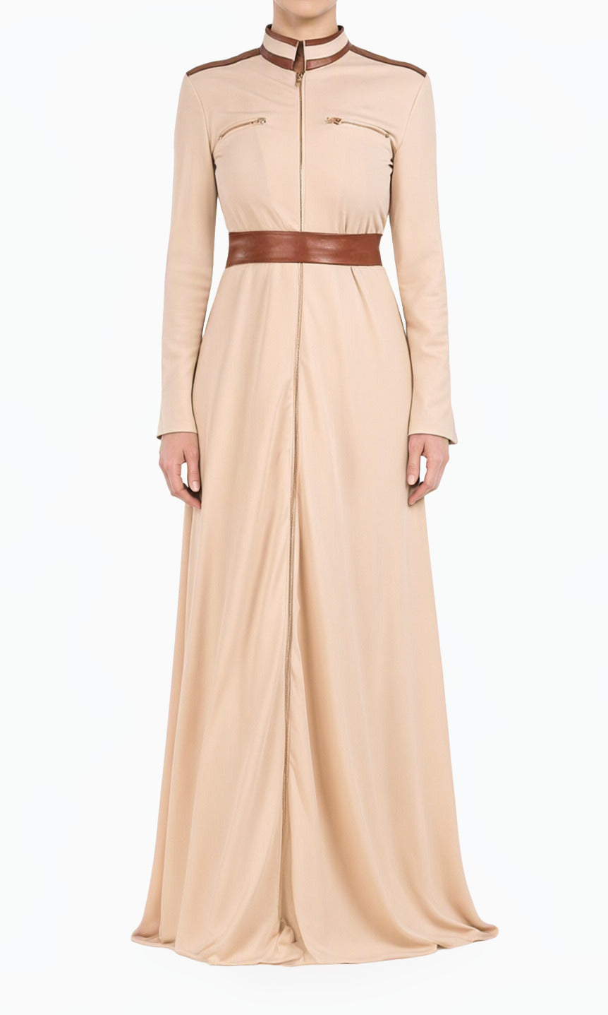 Cream Nadia Leather Detail Modest Maxi Dress