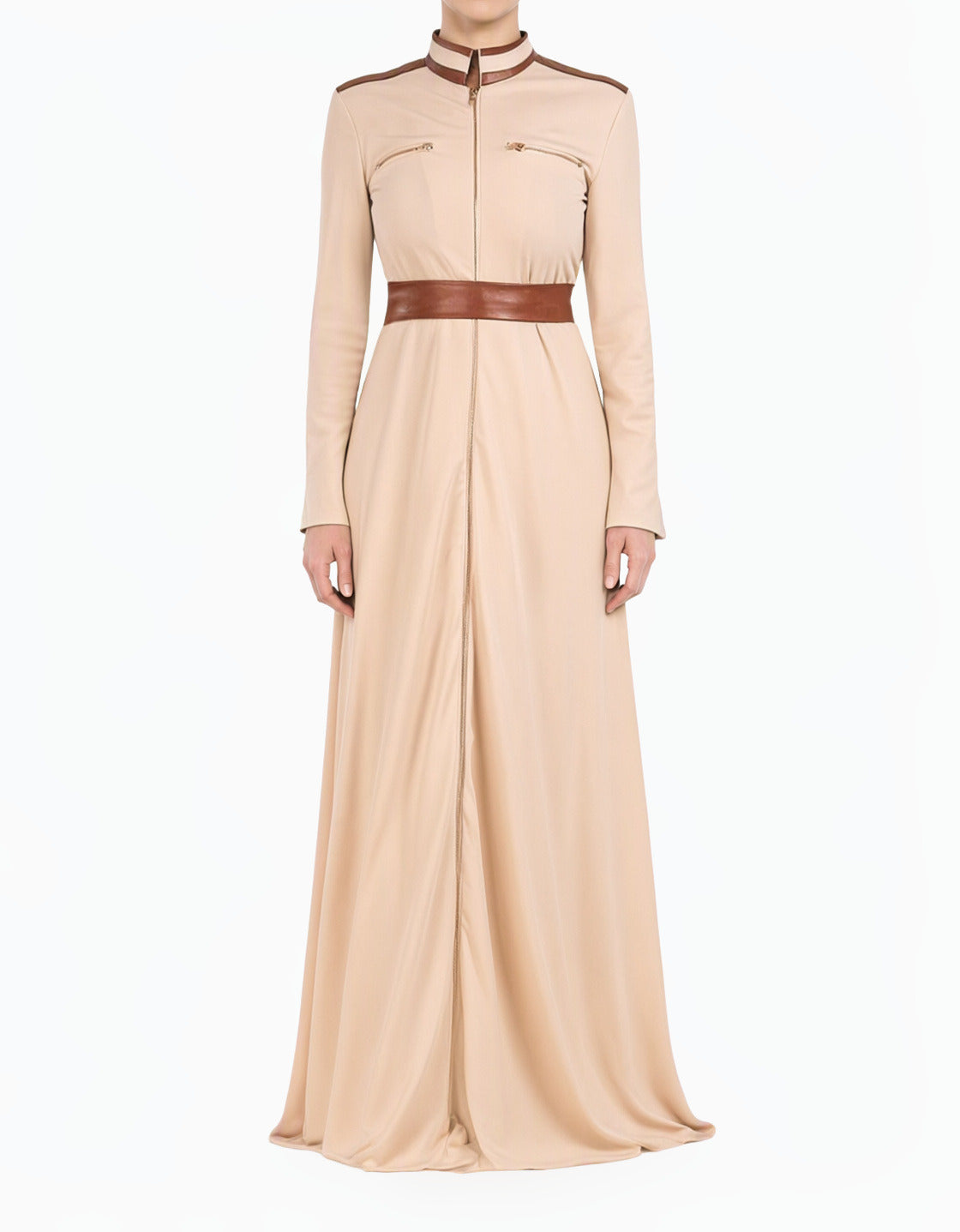 Cream Nadia Leather Detail Modest Maxi Dress
