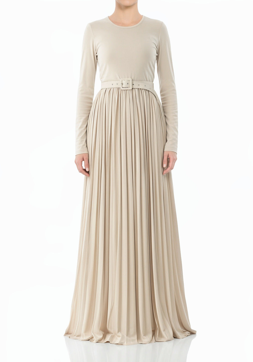 Cream Pleated Ponti Di Roma Modest Maxi Dress