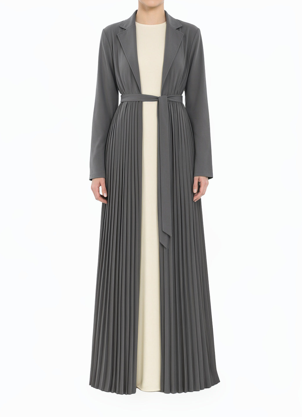 Dark Gray Pearly Veil Pleated Modest Cardigan Abaya